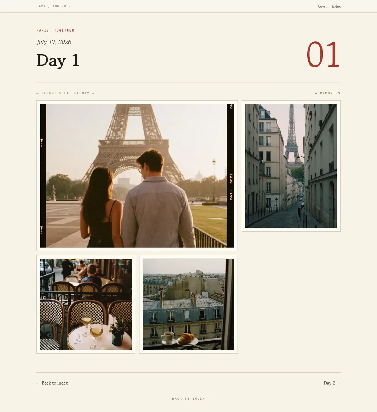Tripbook custom travel photo album website — a day page with everyone's trip photos sorted by time